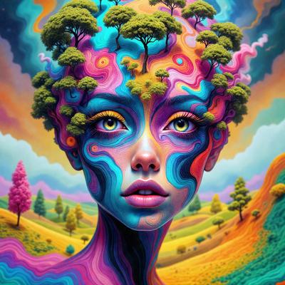The primary subject of the image is a woman with a vibrant and colorful appearance. She has a head full of trees, giving her a unique and artistic look. The setting is a lush, colorful landscape with trees and a sky background. The visual style is a combination of digital art and illustration, creating a whimsical and imaginative scene. The colors and mood of the image are bright, cheerful, and full of life, reflecting the woman's vivid and creative personality.
